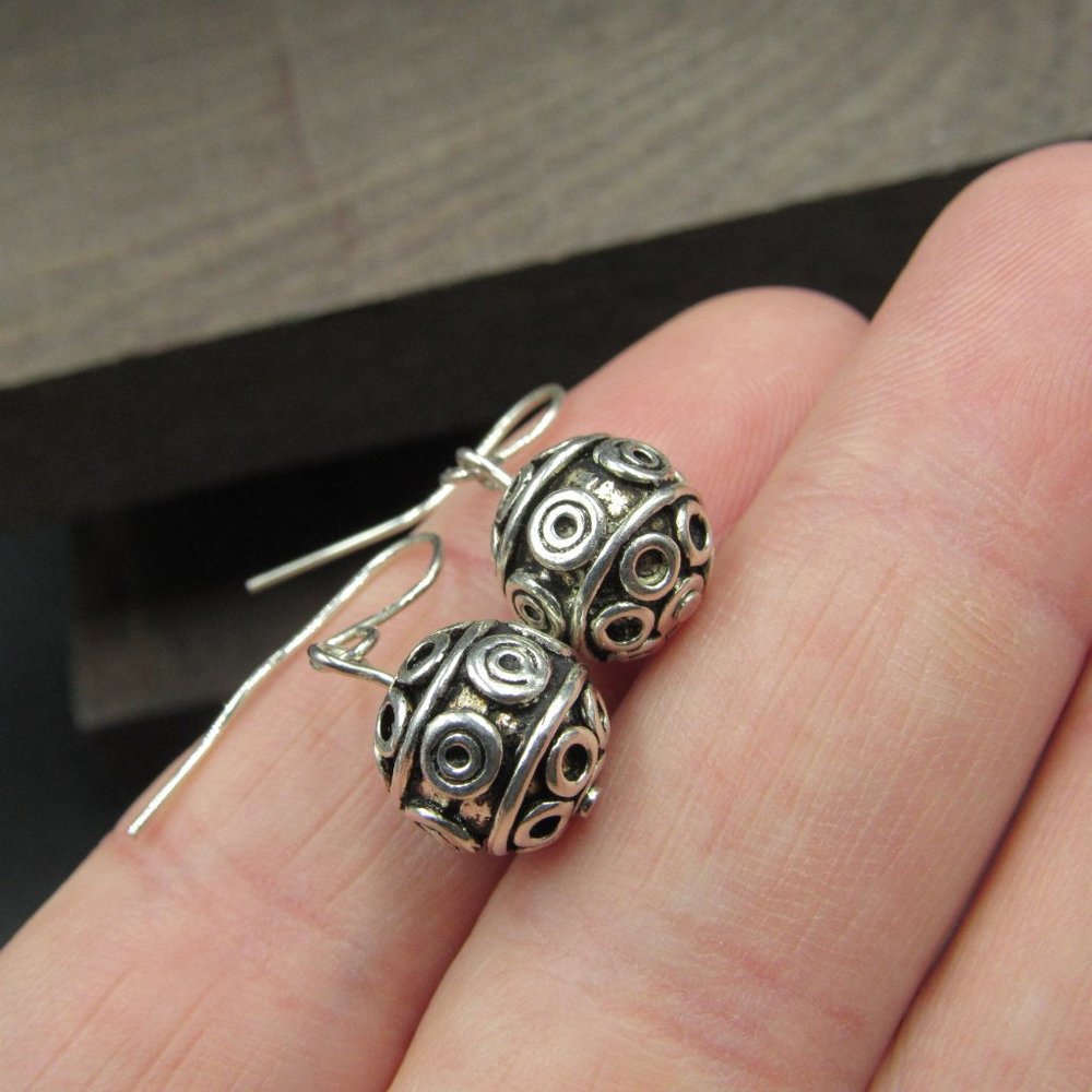 Sterling Silver Pattern Ball Dangle Earrings - image 2